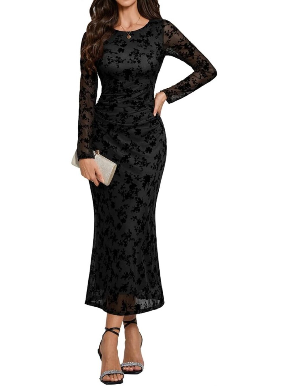 Women's Mesh Maxi Long Sleeve Floral Bodycon Black Guest Cocktail Party Dress
